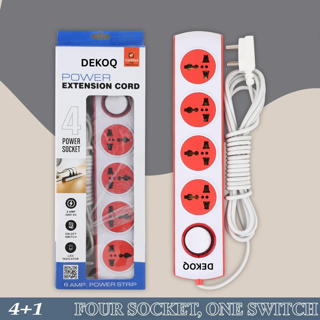DEKOQ 4 Universal Socket and 1 Switch 6 Amp Power Extension Board 240 Volts, 4 Socket Extension Boards (White, 2 m)