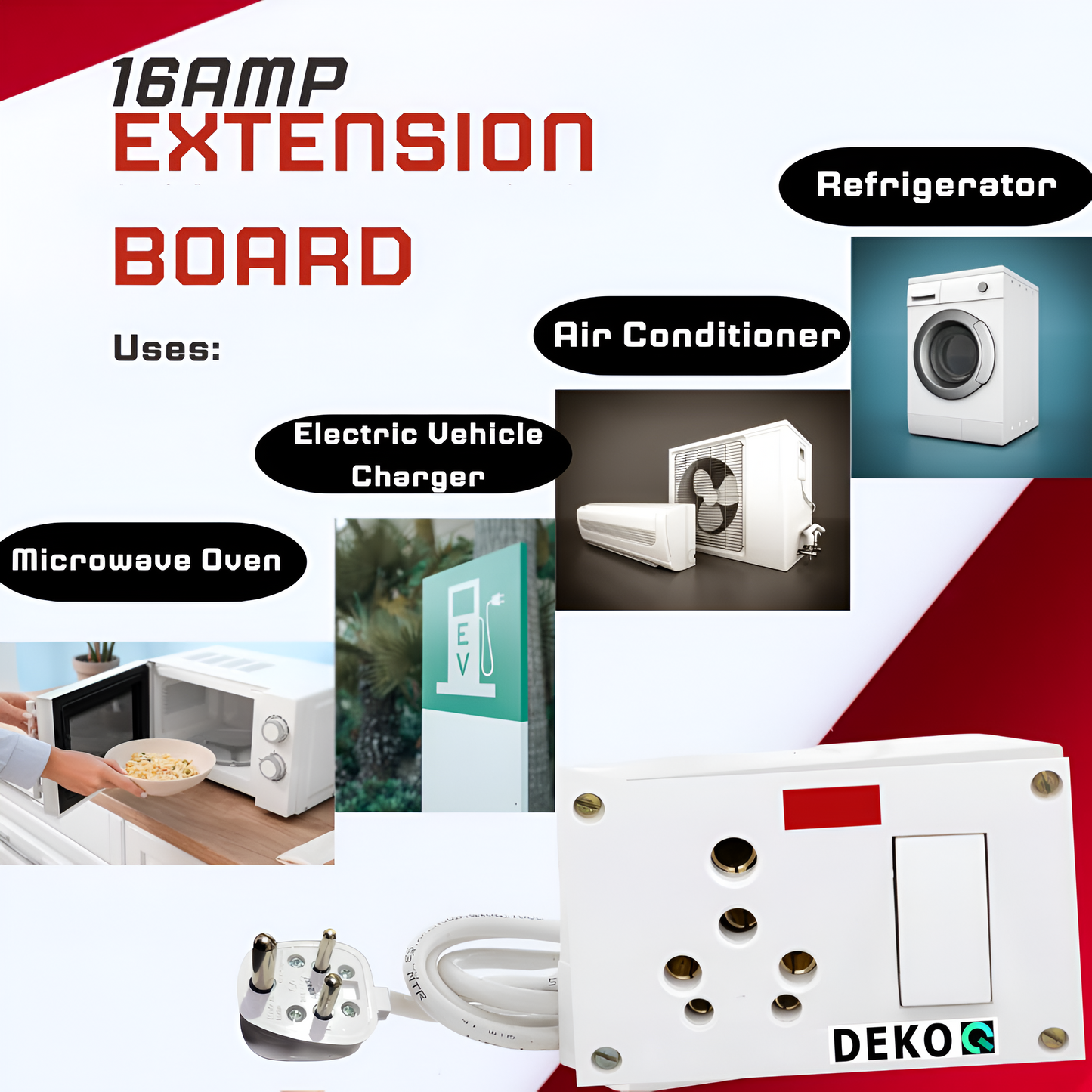 DEKOQ 1 Power Socket 16 Amp and 1 Switch 16 Amp Power Extension Board 240 Volts, 16Amp Extension Board (White, 2 m)