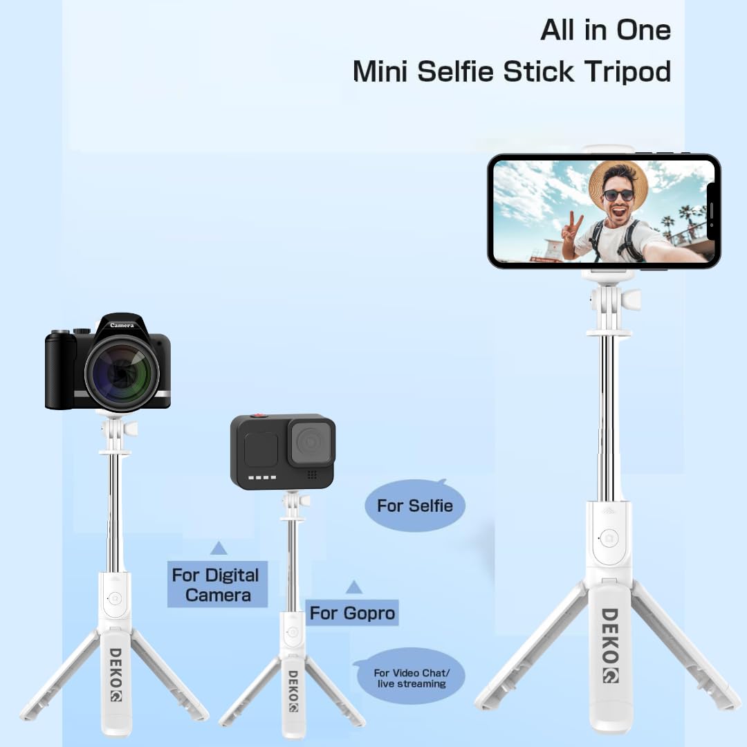 Dekoq Tripod, Extendable 3 in 1 Stainless Steel Bluetooth with Wireless Remote, for Mobile Phone/GoPro/Camera (White)