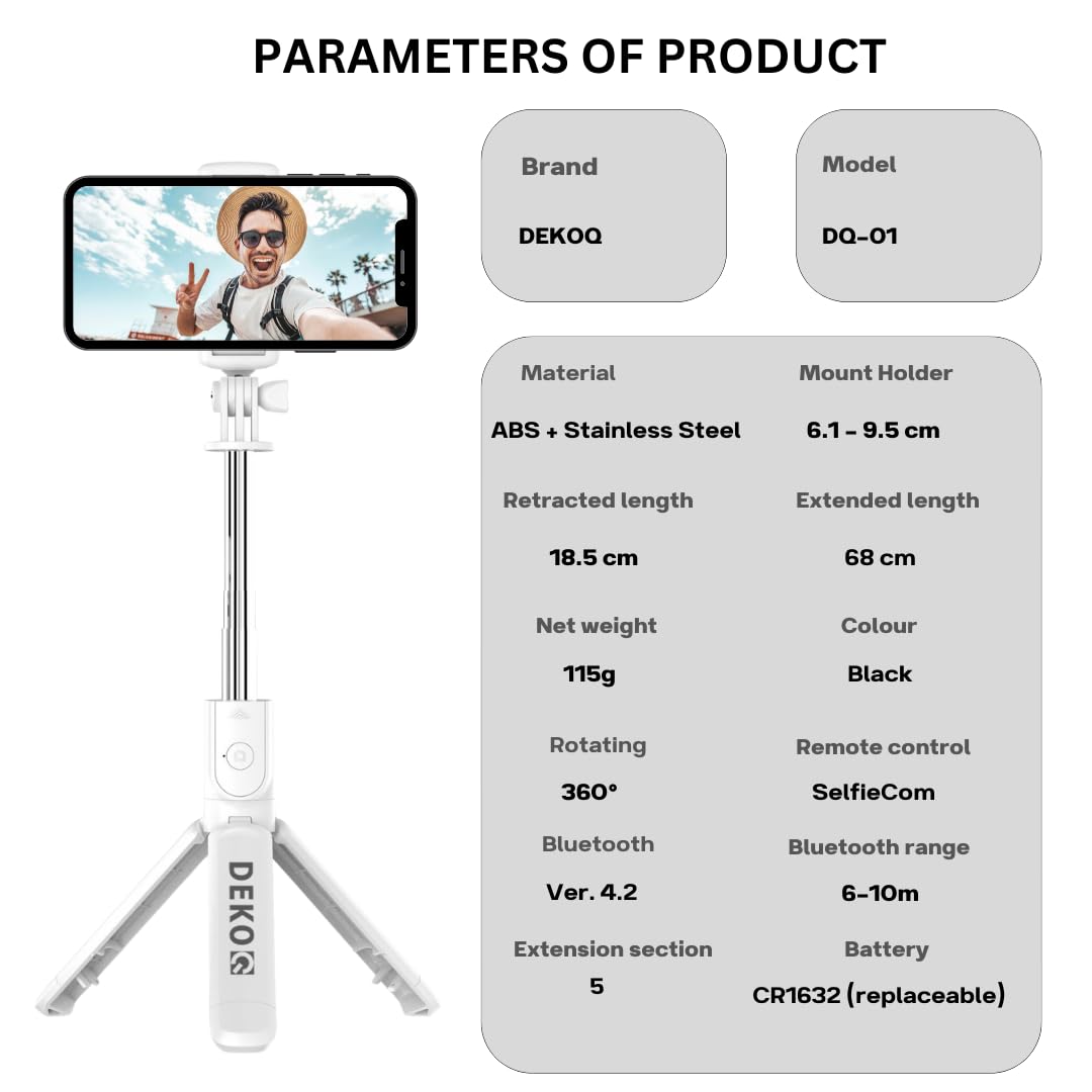 Dekoq Tripod, Extendable 3 in 1 Stainless Steel Bluetooth with Wireless Remote, for Mobile Phone/GoPro/Camera (White)
