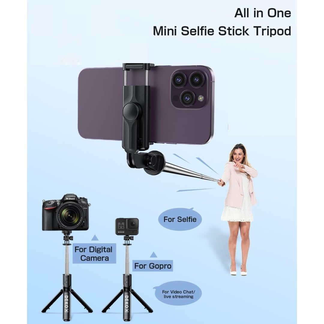 Dekoq 3 in 1 Extendable Selfie Stick Tripod - Stainless Steel with Wireless Remote for Mobile Phone/GoPro/Camera (Black)