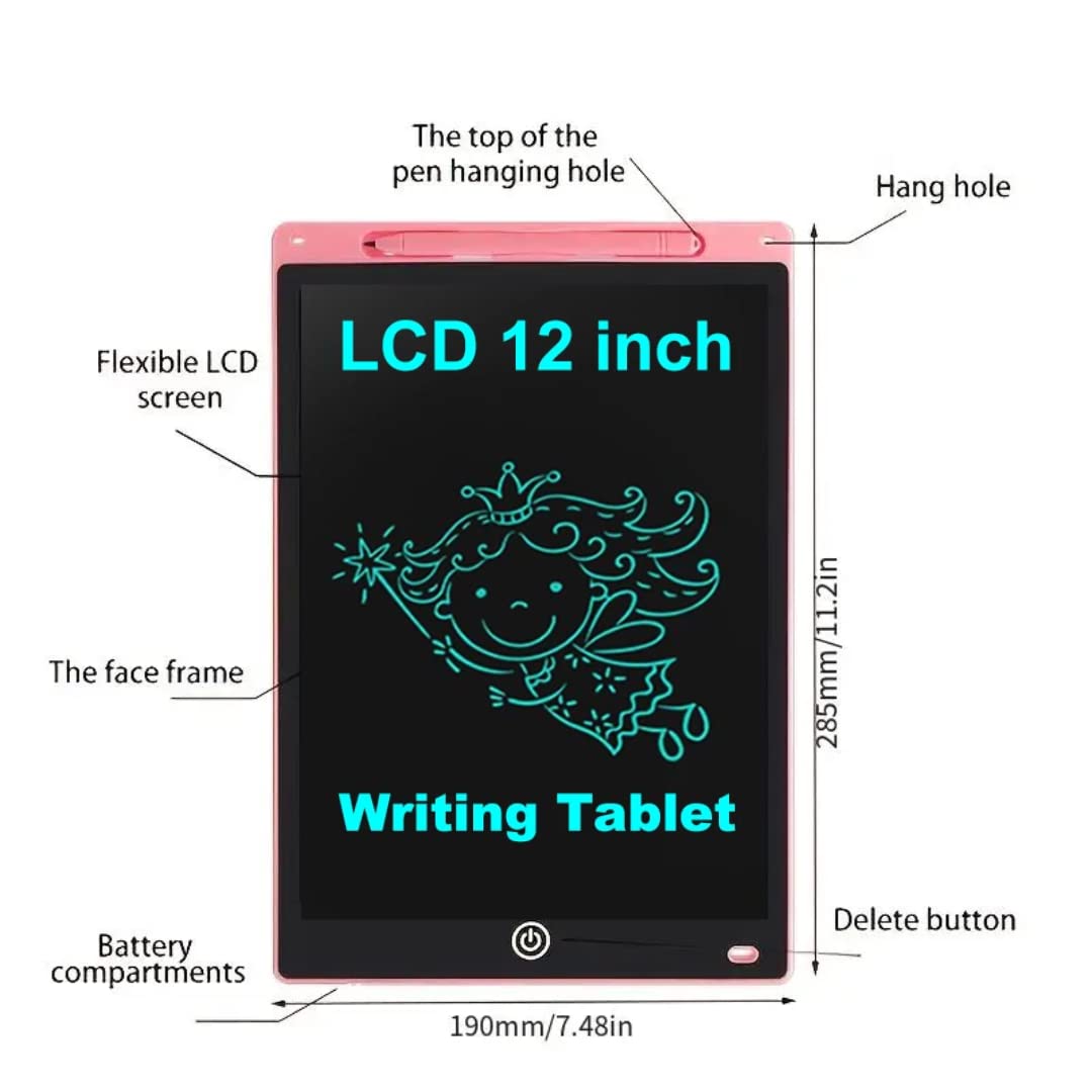 Adofi LCD Writing Tablet Screenwriting Toys Board Smart Digital E-Note Pad 12 Inch Light Weight Magic Slate for Drawing Playing Noting by Kids and Adults Best Birthday Gift Girls Boys (Pink)