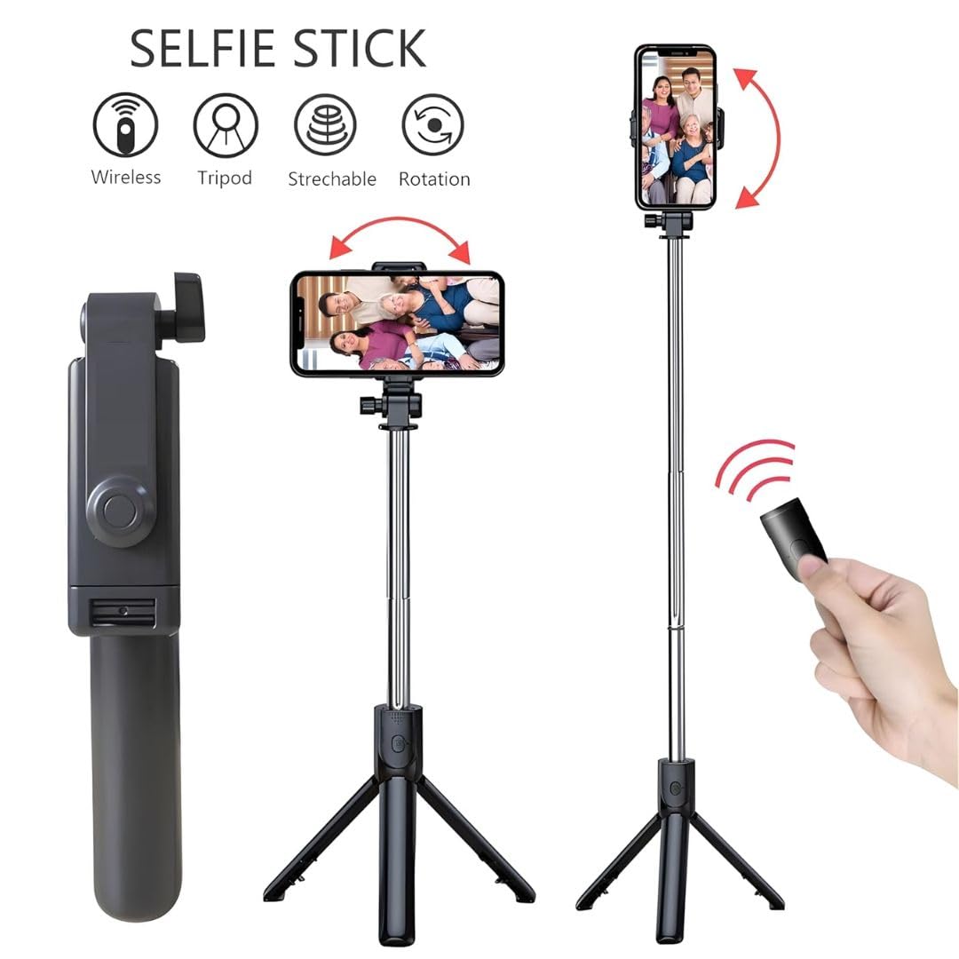 Dekoq Extendable Selfie Stick with Detachable Bluetooth Wireless Remote Phone Holder Compatible with All Smartphones Bluetooth Selfie Stick, 3 in 1 Multifunctional Selfie Stick Tripod Stand (Black)