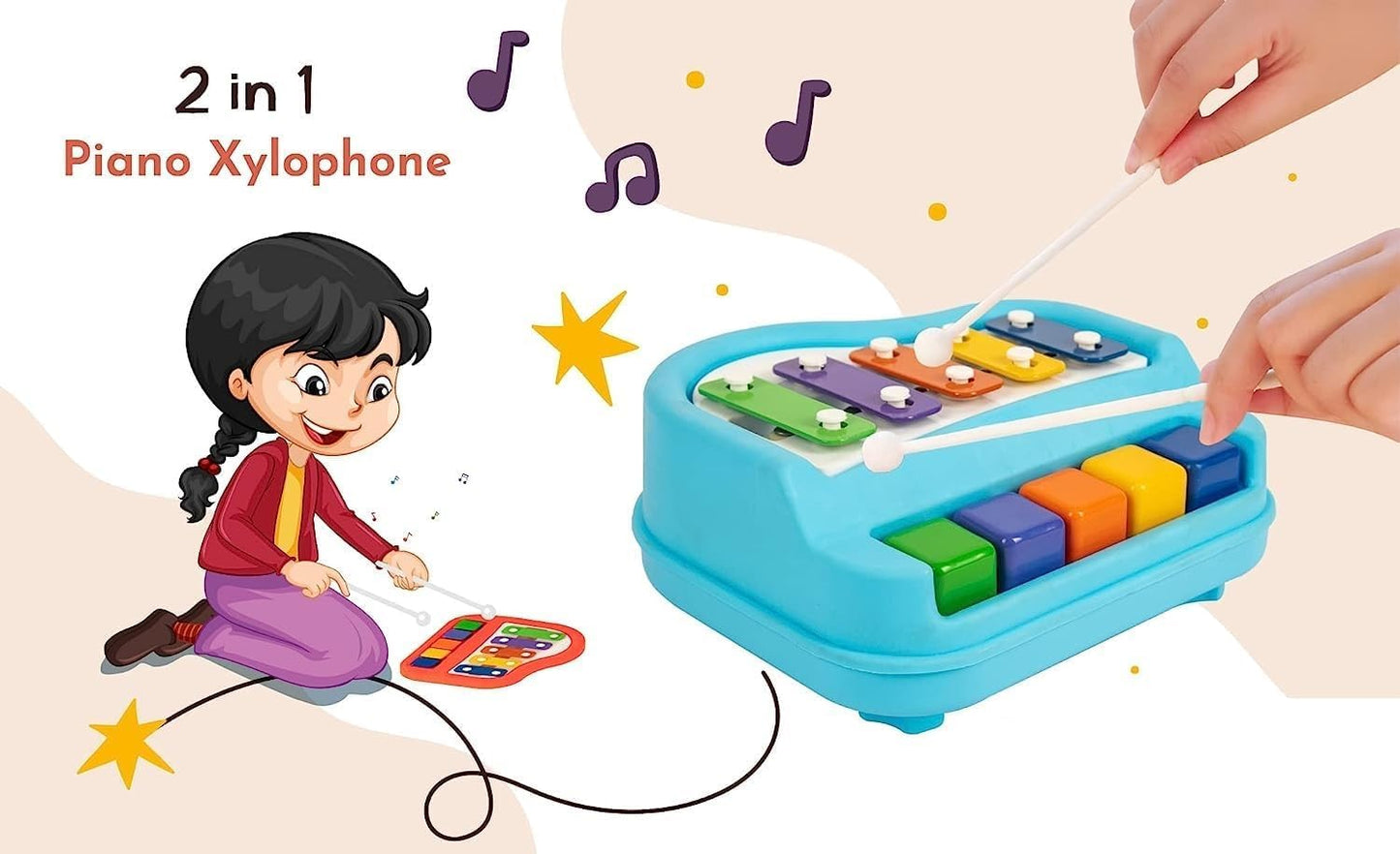 2-in-1 Piano Xylophone for Kids | Multicolor 5 Key Musical Toy with Mallets | Educational Instrument Toy Set for Toddlers, Boys & Girls | Early Learning Sound & Music Playset