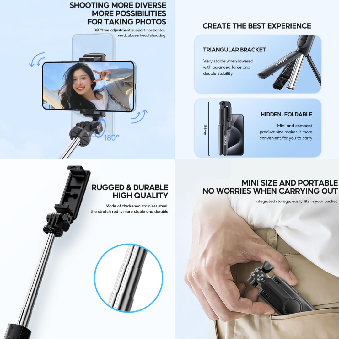 Dekoq 3 in 1 Extendable Selfie Stick Tripod - Stainless Steel with Wireless Remote for Mobile Phone/GoPro/Camera (Black)
