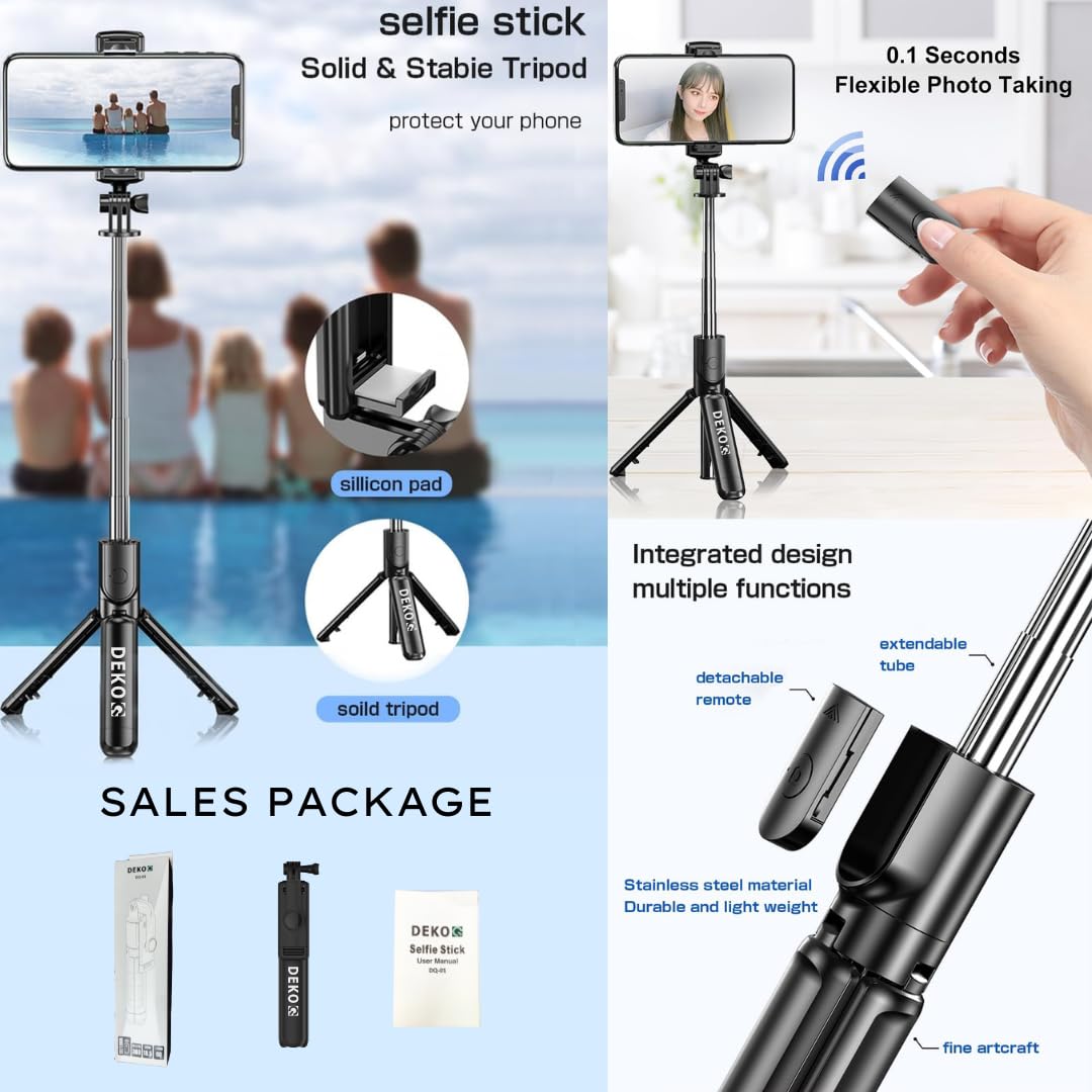 Dekoq 3 in 1 Extendable Selfie Stick Tripod - Stainless Steel with Wireless Remote for Mobile Phone/GoPro/Camera (Black)