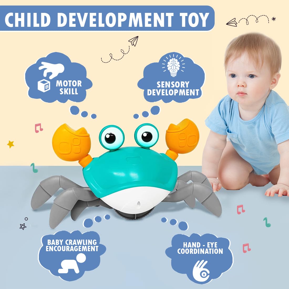 Crawling Crab Baby Musical Toy for Kids Toddlers Infant Tummy Time Interactive Moving Toys for Babies 6-12 Months Electric Sensor Dancing Walking Crab Toy Gift for Kids 1 2 3 Year Rechargeable