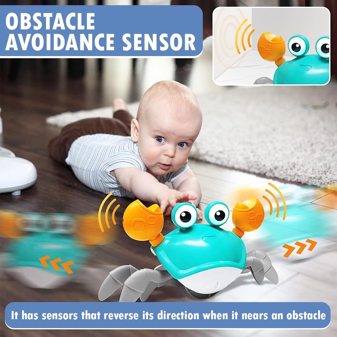 Crawling Crab Baby Musical Toy for Kids Toddlers Infant Tummy Time Interactive Moving Toys for Babies 6-12 Months Electric Sensor Dancing Walking Crab Toy Gift for Kids 1 2 3 Year Rechargeable