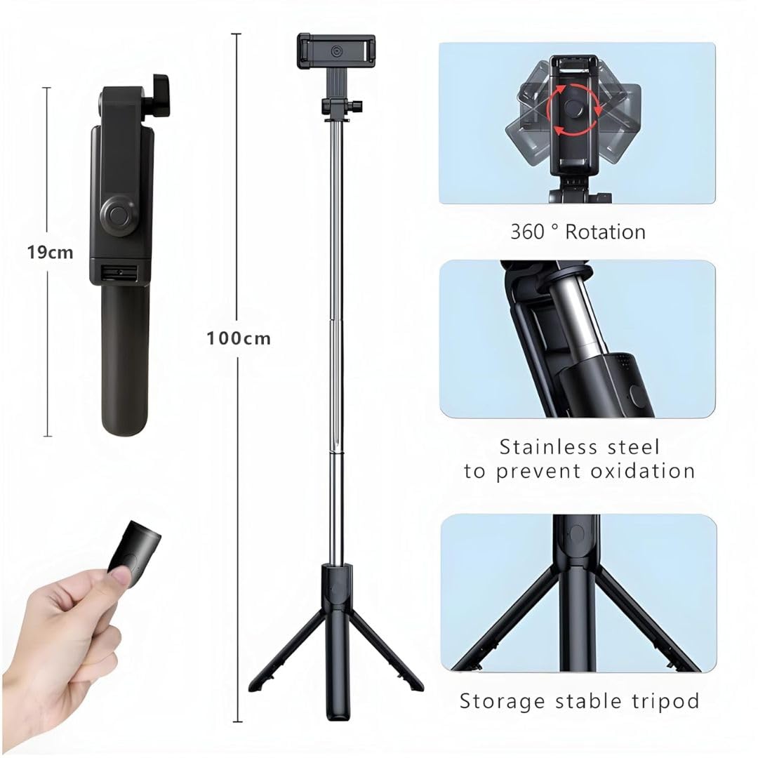 Dekoq Extendable Selfie Stick with Detachable Bluetooth Wireless Remote Phone Holder Compatible with All Smartphones Bluetooth Selfie Stick, 3 in 1 Multifunctional Selfie Stick Tripod Stand (Black)