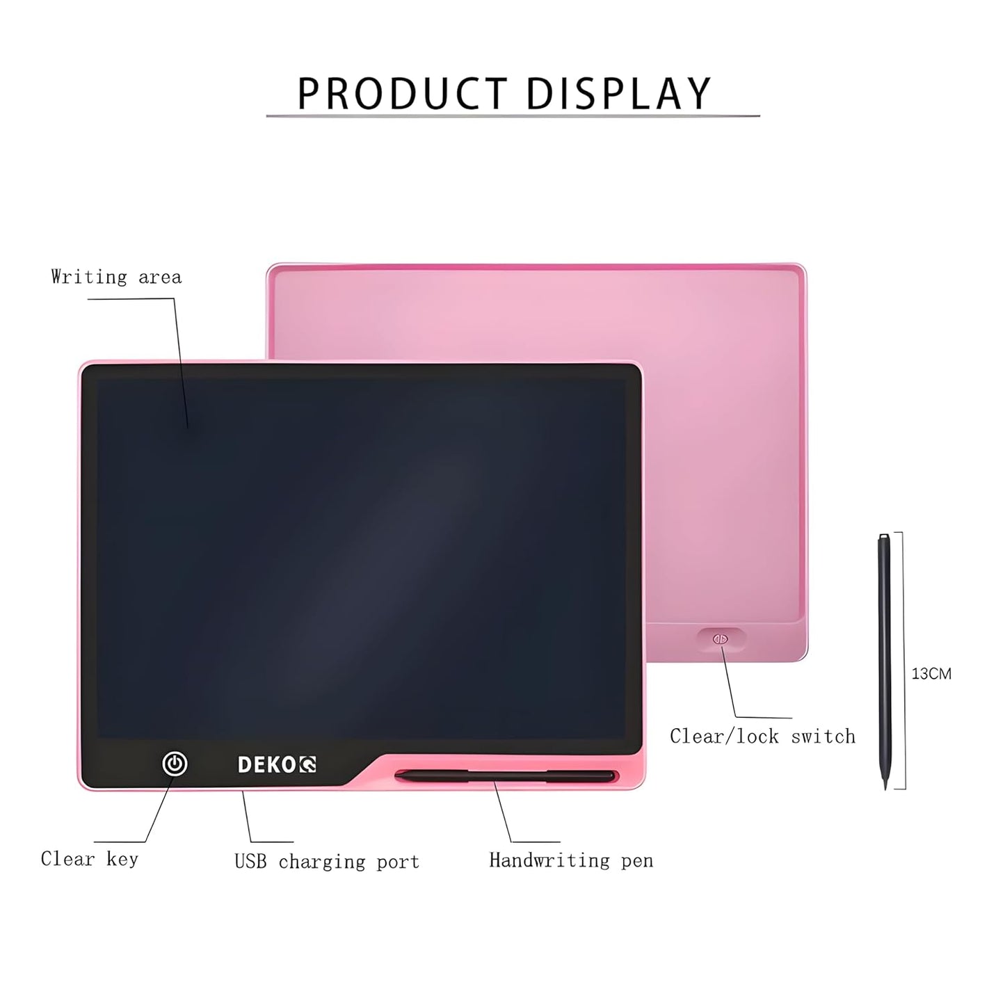 Dekoq Plastic 16 Inch USB Rechargeable Drawing Tablet Doodle Board for Kids, Reusable Electronic Drawing Pads Educational Toys for Girls, Educational Birthday Gift, Drawing Pad for Teen Girl (Pink)