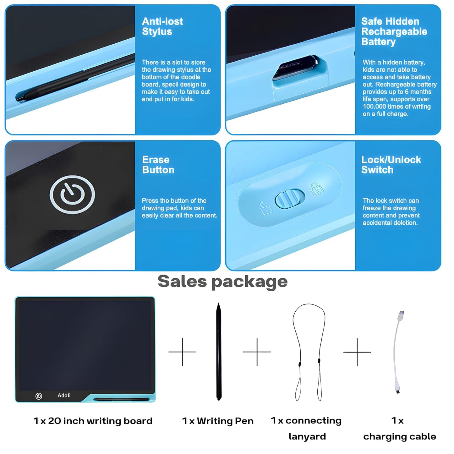 Adofi 20-Inchs LCD Writing Tablet for Kids, Rechargeable Drawing Board, Educational Travel Toys