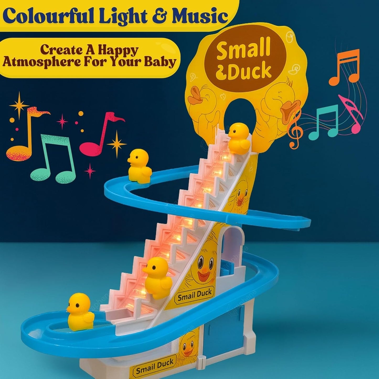 Ducks Slide Toy Set with 2 Cells Stair Climbing Duck Track Toy Light Musical 3 Duckling Moving Escalator Automatic Cartoon Chasing Race Gift Toys for 1+ Kids 1-5 Years Baby Girls Toddlers