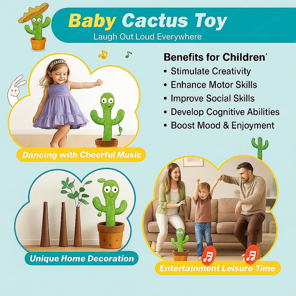 Rechargeable Talking Cactus Toy for Kids - Musical Dancing, Speaking Cactus Toy for Babies – Educational Talking Toy for Baby Boys & Girls (0-3 Years) – Speaking, Repeating for Toddlers