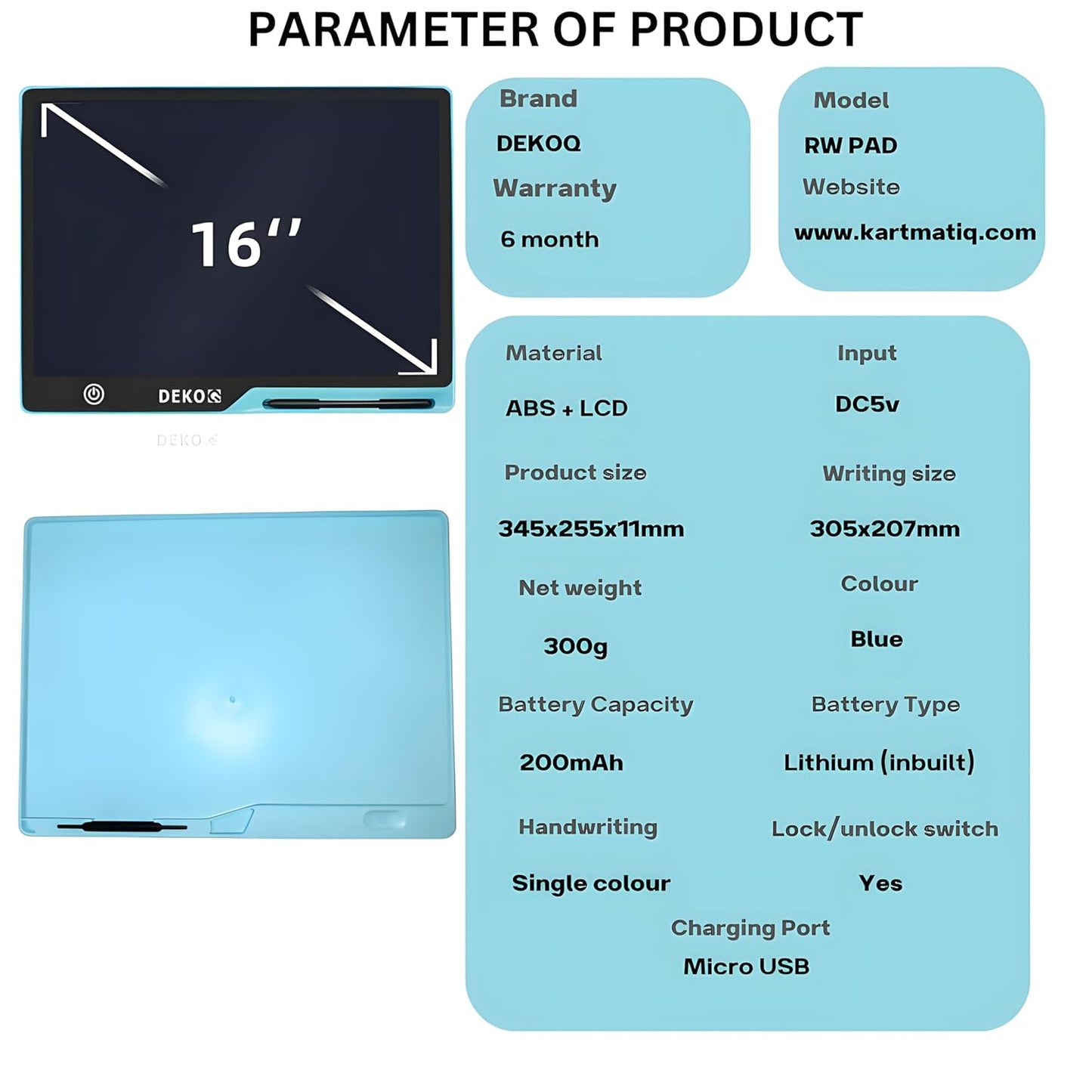 Dekoq Magic Slate 16-inch LCD Writing Tablet with Stylus Pen, for Drawing, Playing, Noting by Kids & Adults (Rechargeable LCD Writing Tablet) (Blue)