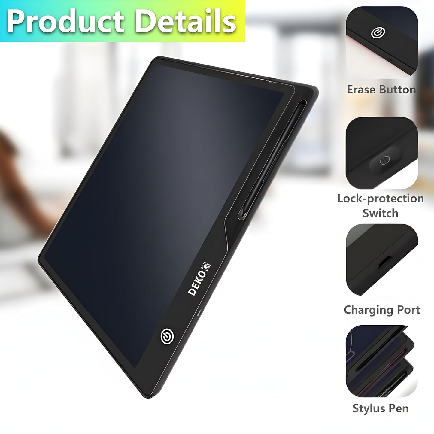 Dekoq LCD Writing Tablet for Kids 16 Inch, Toys for Girls Boys Drawing Pad for 3 4 5 6 7 8 Year Old Kid, Toddler Rechargeable Doodle Board Travel Essentials for Children (Black)