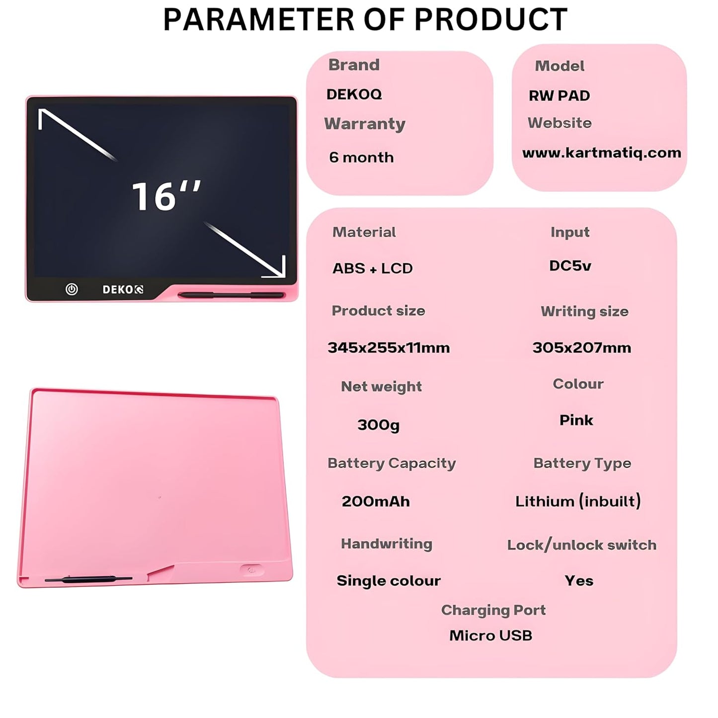 Dekoq Plastic 16 Inch USB Rechargeable Drawing Tablet Doodle Board for Kids, Reusable Electronic Drawing Pads Educational Toys for Girls, Educational Birthday Gift, Drawing Pad for Teen Girl (Pink)
