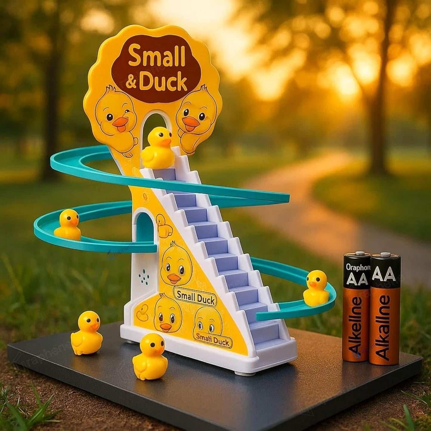 Ducks Slide Toy Set with 2 Cells Stair Climbing Duck Track Toy Light Musical 3 Duckling Moving Escalator Automatic Cartoon Chasing Race Gift Toys for 1+ Kids 1-5 Years Baby Girls Toddlers