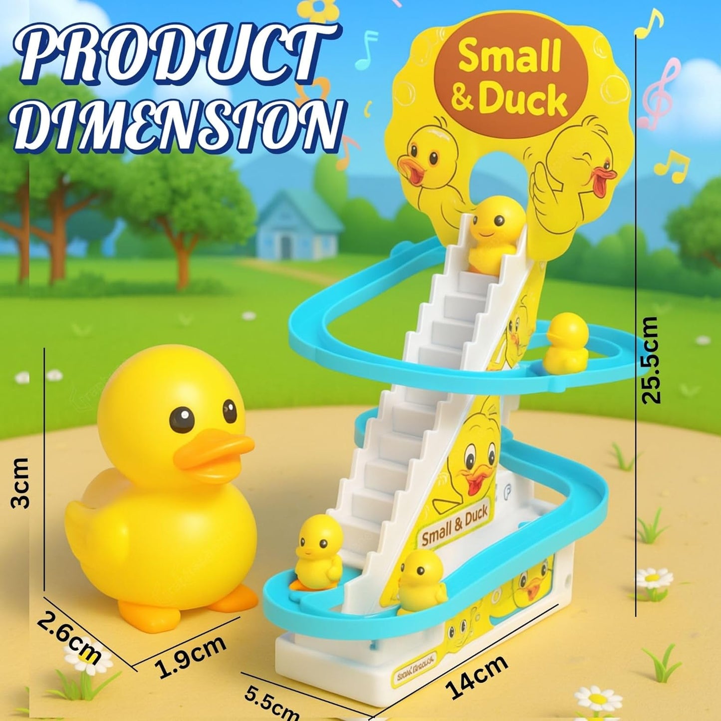 Ducks Slide Toy Set with 2 Cells Stair Climbing Duck Track Toy Light Musical 3 Duckling Moving Escalator Automatic Cartoon Chasing Race Gift Toys for 1+ Kids 1-5 Years Baby Girls Toddlers