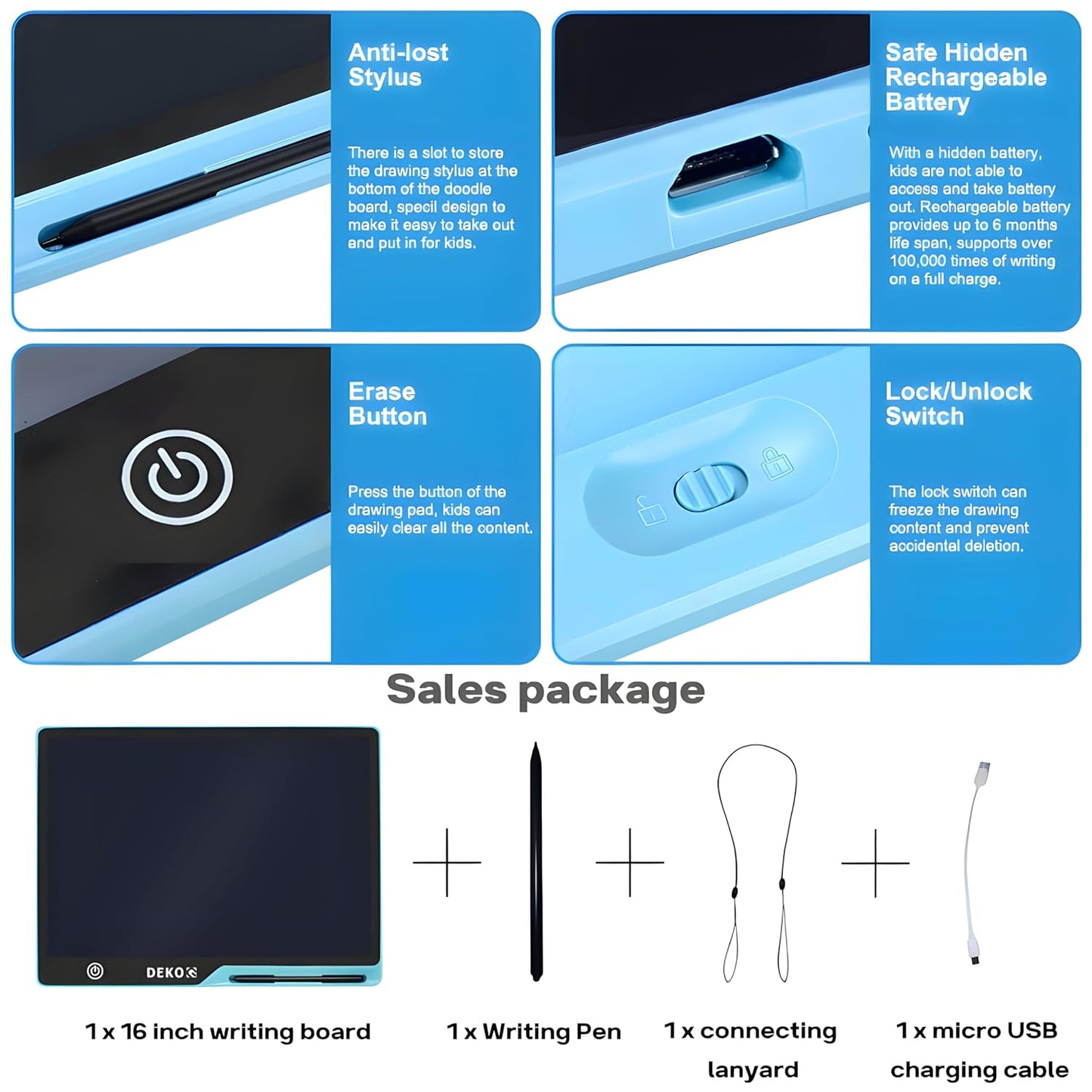 Dekoq Magic Slate 16-inch LCD Writing Tablet with Stylus Pen, for Drawing, Playing, Noting by Kids & Adults (Rechargeable LCD Writing Tablet) (Blue)