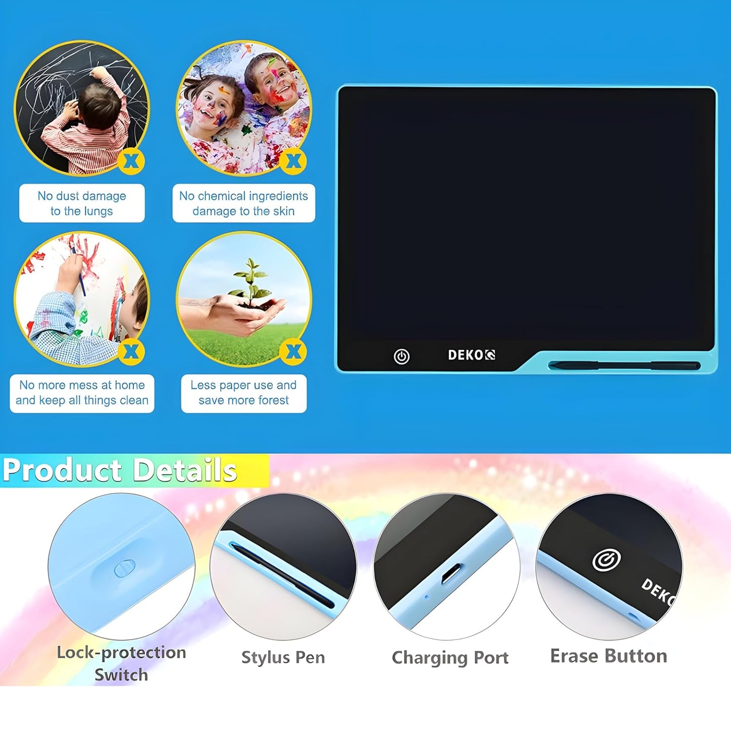 Dekoq Magic Slate 16-inch LCD Writing Tablet with Stylus Pen, for Drawing, Playing, Noting by Kids & Adults (Rechargeable LCD Writing Tablet) (Blue)