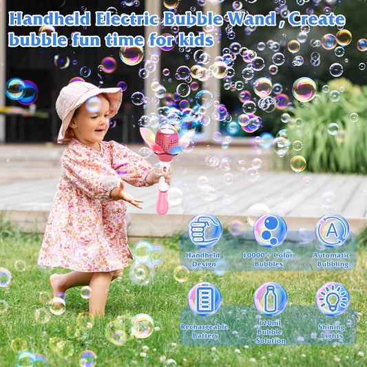 Adofi Electric Bubble Wand for Kids, Light Up Automatic Bubble Machine Blower with Lights/10000+ Bubbles/120ml Solution, Rechargeable Flower Bubble Wand Maker Toys for Outdoor Party Wedding