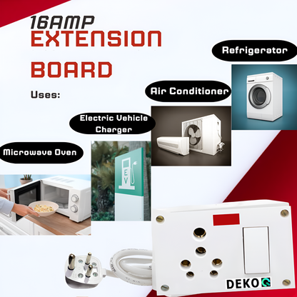 DEKOQ 1 Power Socket 16 Amp and 1 Switch 16 Amp Power Extension Board 240 Volts, 16Amp Extension Board (White, 2 m)