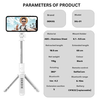 Dekoq Tripod, Extendable 3 in 1 Stainless Steel Bluetooth with Wireless Remote, for Mobile Phone/GoPro/Camera (White)