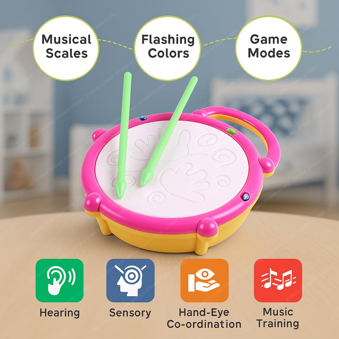 Flash Drum Toy for Kids with 2 Mallets | Battery Operated Musical Learning with 3D Lights & Sounds | Educational Toy for 2-6 Year Old Boys & Girls | Multicolor Toddler Drum Set