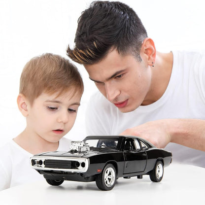 Adofi Dodge Charger Toy Car for Kids Fast and Furious Die Cast Metal Cars with Light Sound Pull Back Openable Door Toy Car, Black
