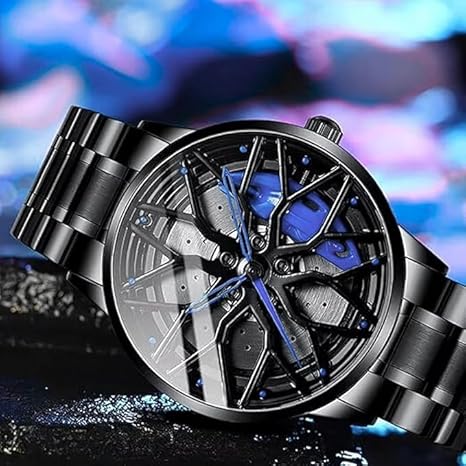 Men's Spinning Car Wheels Rolling Creative Watches for Men, Analog Watch Black Dial Stainless Steel Men's Watch Wheel Gift Wrist Luxury Watch