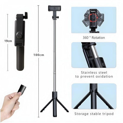 Dekoq Extendable Selfie Stick with Detachable Bluetooth Wireless Remote Phone Holder Compatible with All Smartphones Bluetooth Selfie Stick, 3 in 1 Multifunctional Selfie Stick Tripod Stand (Black)