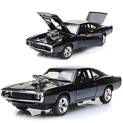 Adofi Dodge Charger Toy Car for Kids Fast and Furious Die Cast Metal Cars with Light Sound Pull Back Openable Door Toy Car, Black