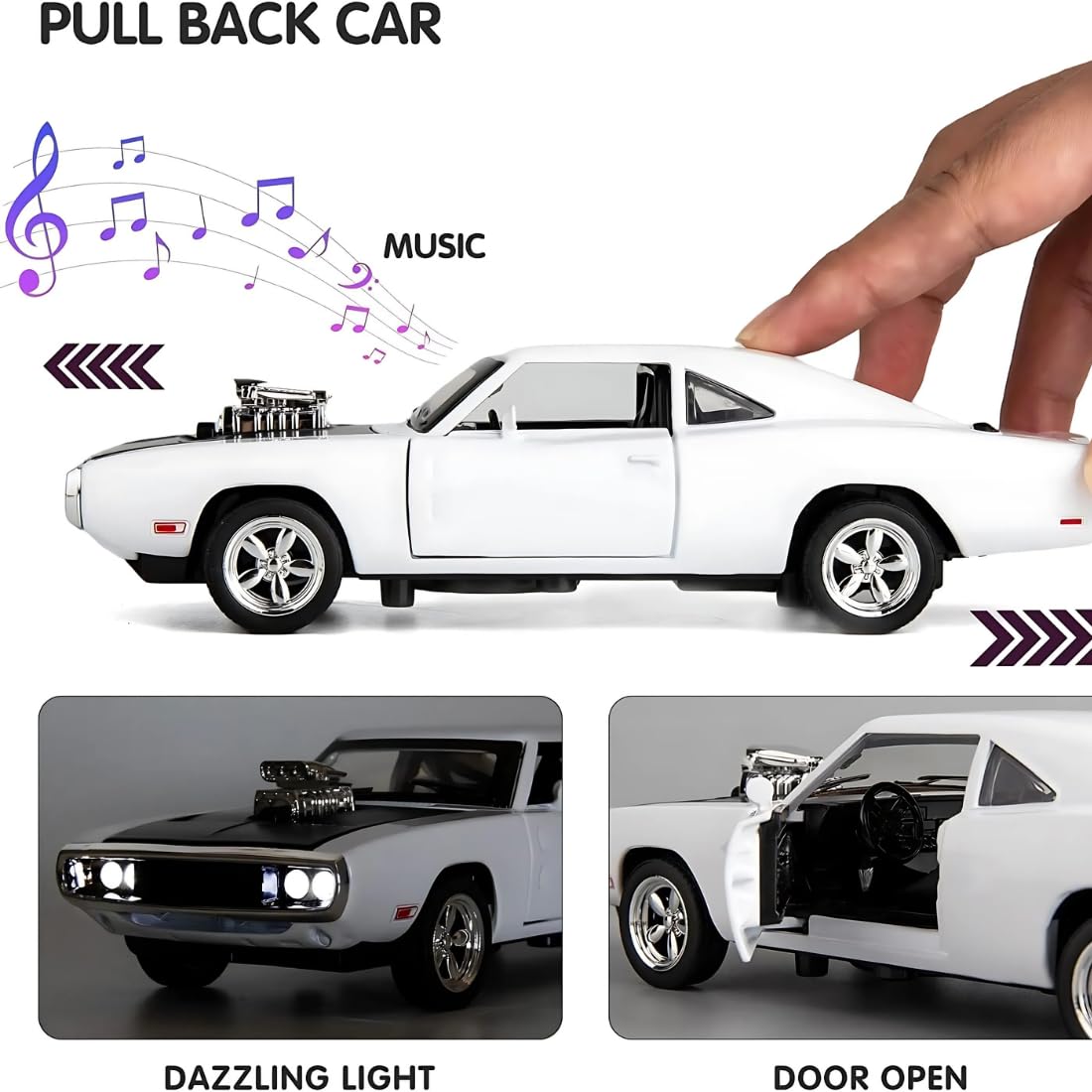 Adofi Dodge Charger Toy Car for Kids Fast and Furious Die Cast Metal Cars with Light Sound Pull Back Openable Door Toy Car, Black