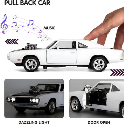 Adofi Dodge Charger Toy Car for Kids Fast and Furious Die Cast Metal Cars with Light Sound Pull Back Openable Door Toy Car, Black