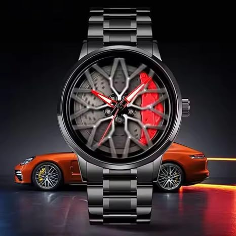 Luxury Men's Wristwatch with Rotating Dial, Black Stainless Steel Band, Unique Design
