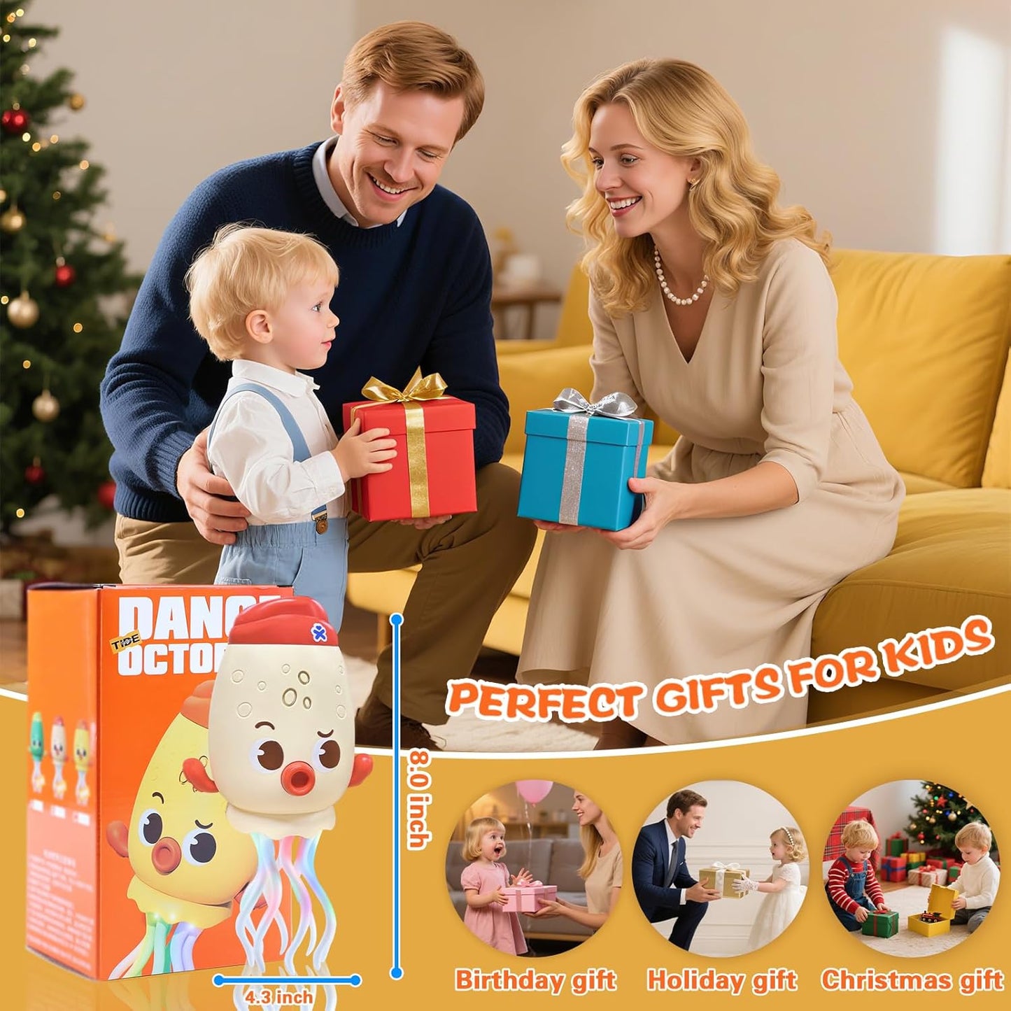 Adofi Dancing Octopus Baby Toy, Toddler Crawling Tummy Time Toys with Light and Music, Electric Magic Dancing Squid Toy for 12-18+ Months Kids, Funny 1st Boys Girls Birthday Gifts, Beige