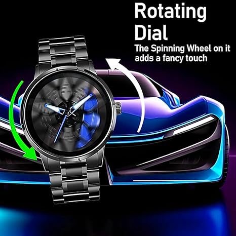 Men's Spinning Car Wheels Rolling Creative Watches for Men, Analog Watch Black Dial Stainless Steel Men's Watch Wheel Gift Wrist Luxury Watch