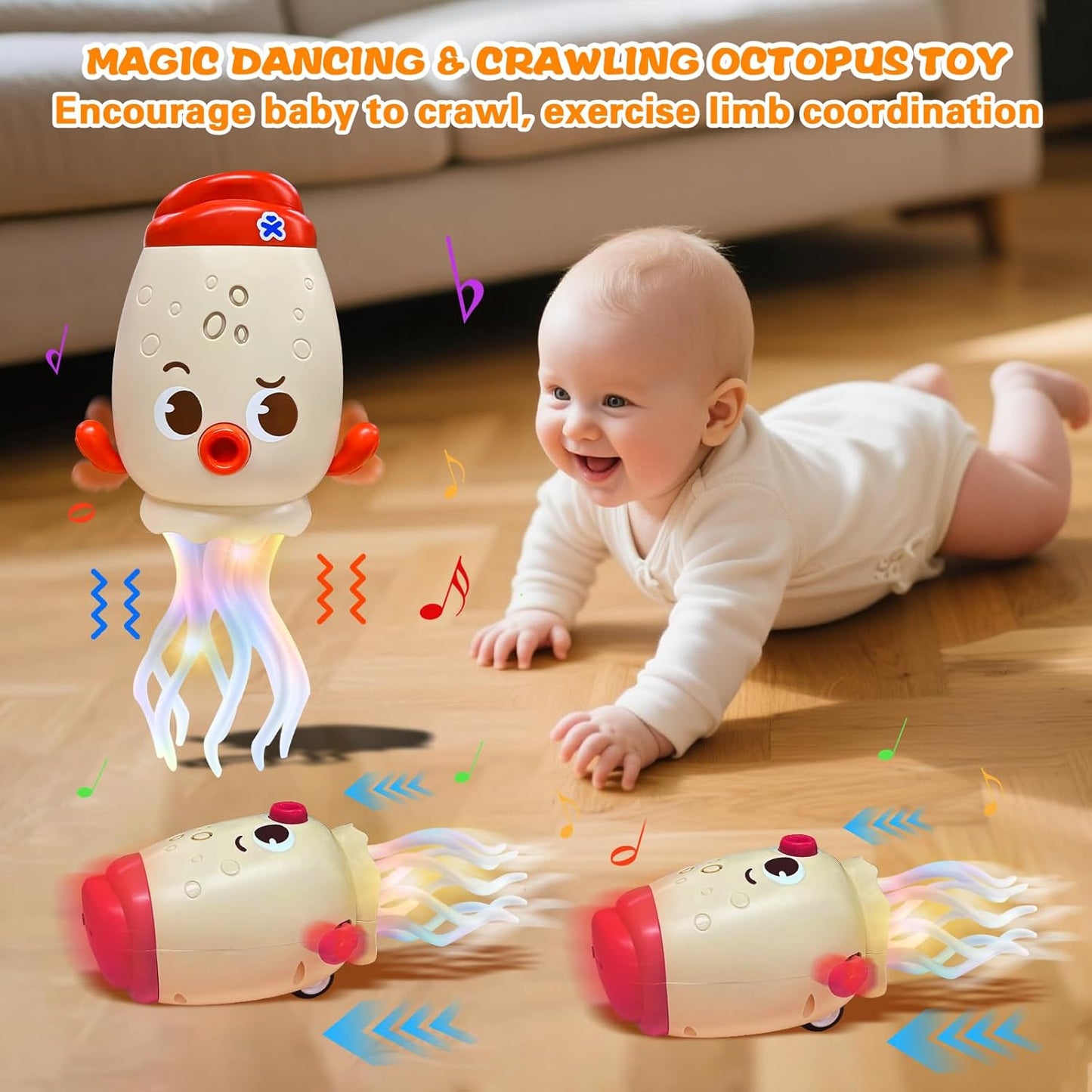 Adofi Dancing Octopus Baby Toy, Toddler Crawling Tummy Time Toys with Light and Music, Electric Magic Dancing Squid Toy for 12-18+ Months Kids, Funny 1st Boys Girls Birthday Gifts, Beige