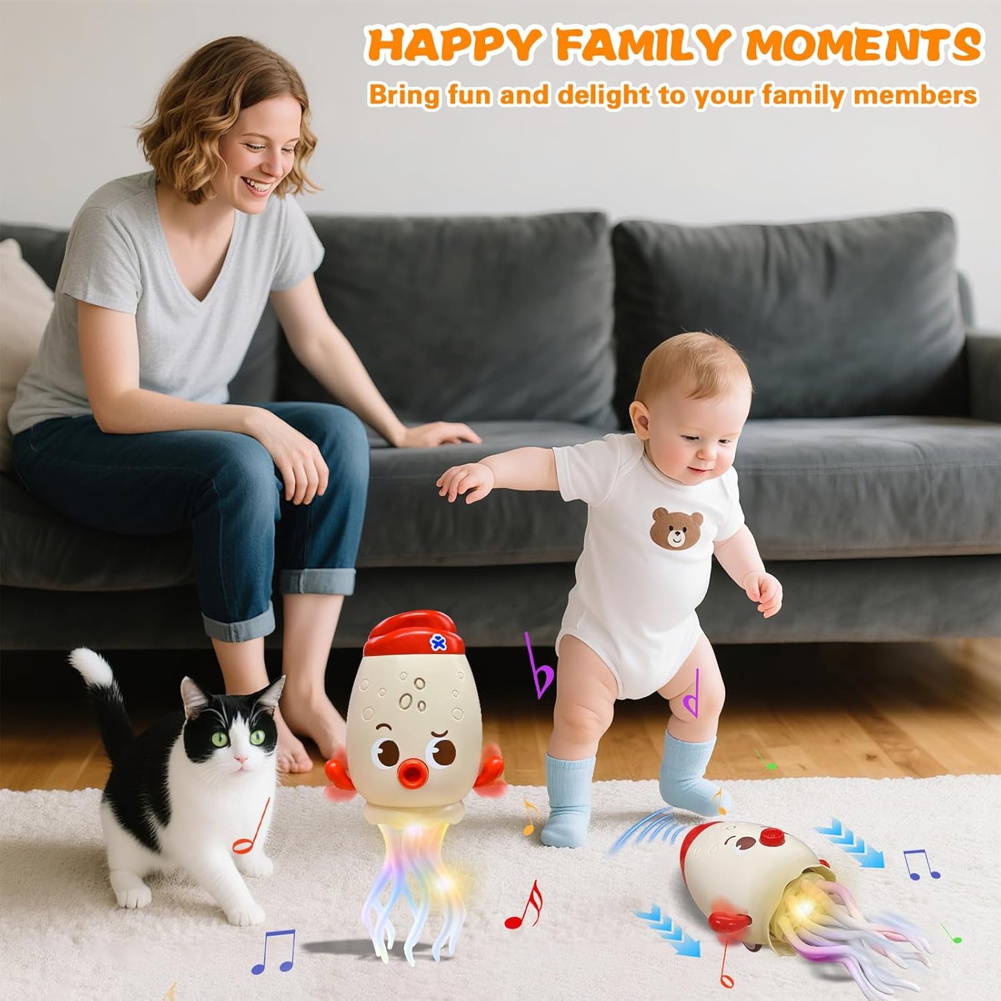 Adofi Dancing Octopus Baby Toy, Toddler Crawling Tummy Time Toys with Light and Music, Electric Magic Dancing Squid Toy for 12-18+ Months Kids, Funny 1st Boys Girls Birthday Gifts, Beige