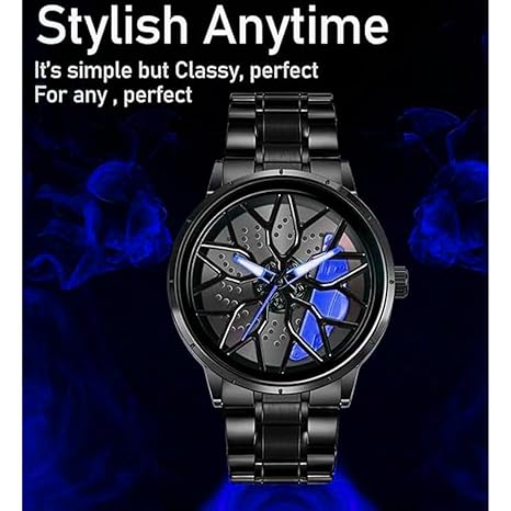 Men's Spinning Car Wheels Rolling Creative Watches for Men, Analog Watch Black Dial Stainless Steel Men's Watch Wheel Gift Wrist Luxury Watch