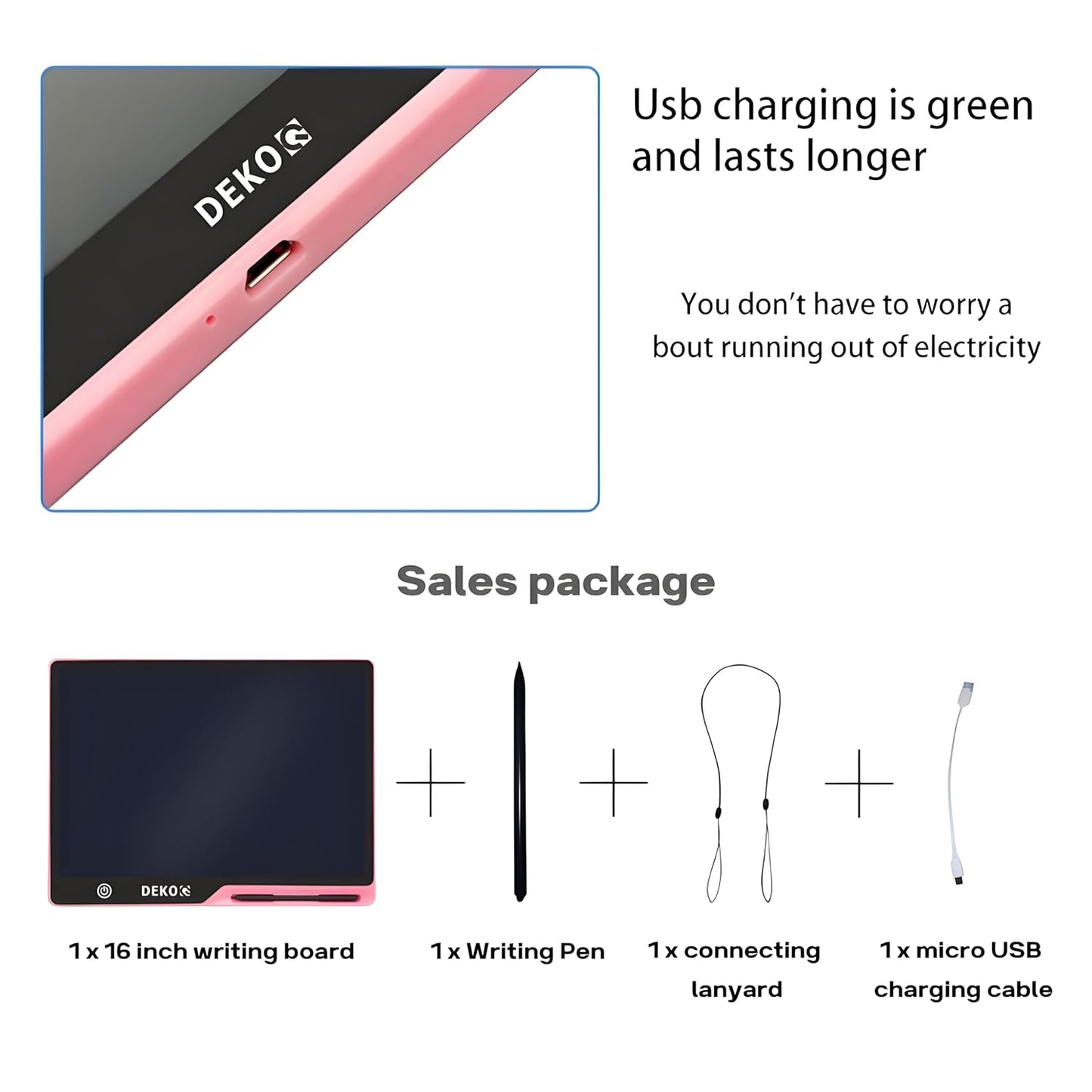 Dekoq Plastic 16 Inch USB Rechargeable Drawing Tablet Doodle Board for Kids, Reusable Electronic Drawing Pads Educational Toys for Girls, Educational Birthday Gift, Drawing Pad for Teen Girl (Pink)