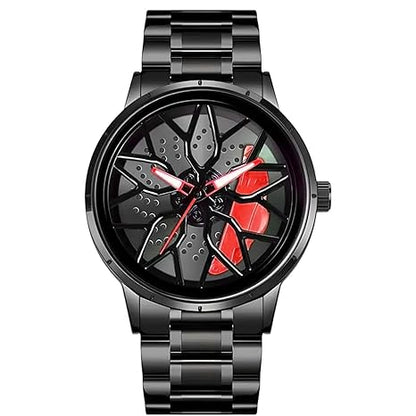 Luxury Men's Wristwatch with Rotating Dial, Black Stainless Steel Band, Unique Design
