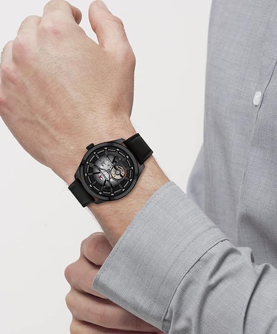 Black Dial Round Shaped Sport Men Analog Watch, Men Skeleton Analogue Watch, Watch Automatic Premium Quality Full Black Leather Strap Watch