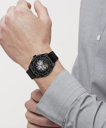 Black Dial Round Shaped Sport Men Analog Watch, Men Skeleton Analogue Watch, Watch Automatic Premium Quality Full Black Leather Strap Watch