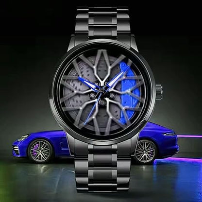 Men's Spinning Car Wheels Rolling Creative Watches for Men, Analog Watch Black Dial Stainless Steel Men's Watch Wheel Gift Wrist Luxury Watch