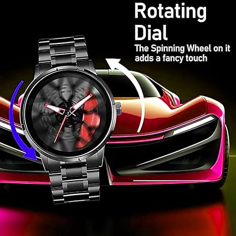 Luxury Men's Wristwatch with Rotating Dial, Black Stainless Steel Band, Unique Design