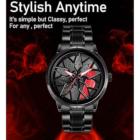 Luxury Men's Wristwatch with Rotating Dial, Black Stainless Steel Band, Unique Design