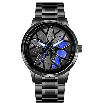 Men's Spinning Car Wheels Rolling Creative Watches for Men, Analog Watch Black Dial Stainless Steel Men's Watch Wheel Gift Wrist Luxury Watch