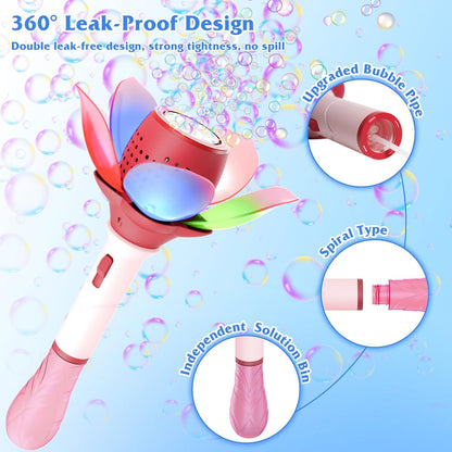 Adofi Electric Bubble Wand for Kids, Light Up Automatic Bubble Machine Blower with Lights/10000+ Bubbles/120ml Solution, Rechargeable Flower Bubble Wand Maker Toys for Outdoor Party Wedding