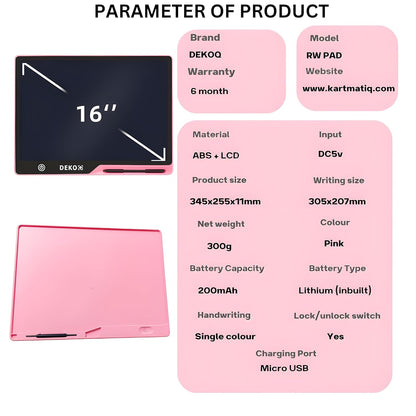 Dekoq Plastic 16 Inch USB Rechargeable Drawing Tablet Doodle Board for Kids, Reusable Electronic Drawing Pads Educational Toys for Girls, Educational Birthday Gift, Drawing Pad for Teen Girl (Pink)